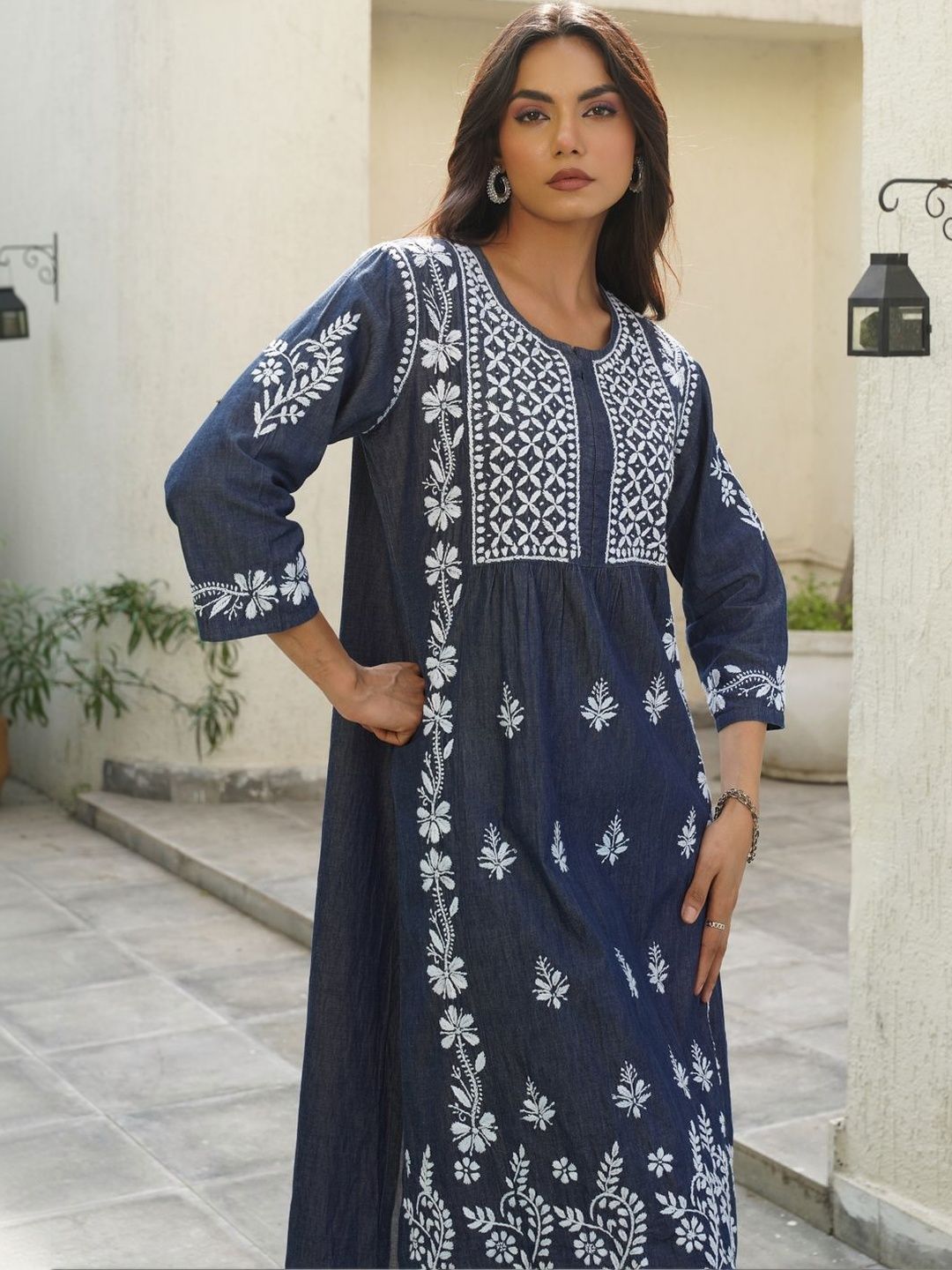 House of Chikankari Women Solid Blue Denim A-Line Kurta