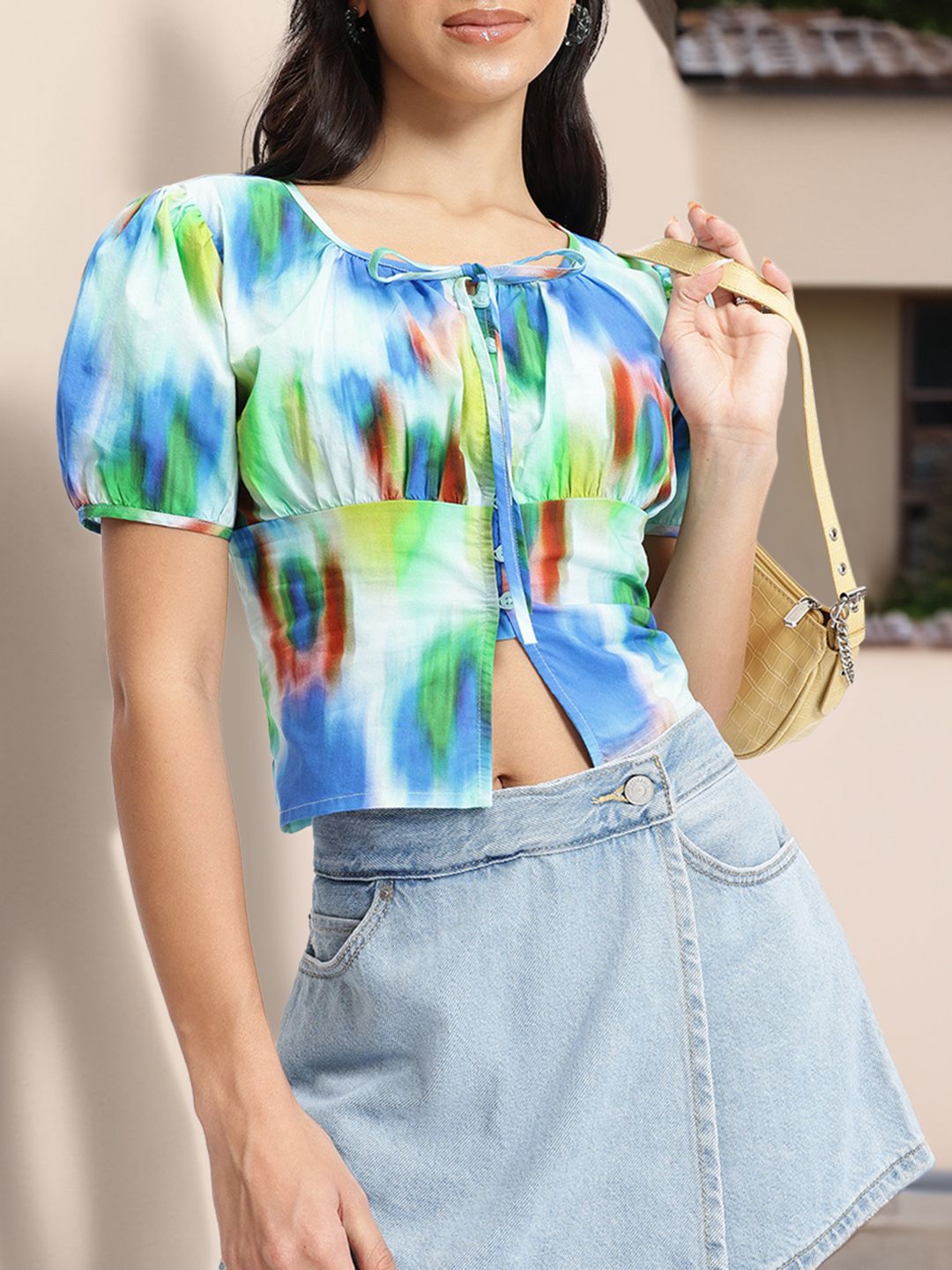 DressBerry Abstract Alchemy Tie-Up Neck Pure Cotton Top