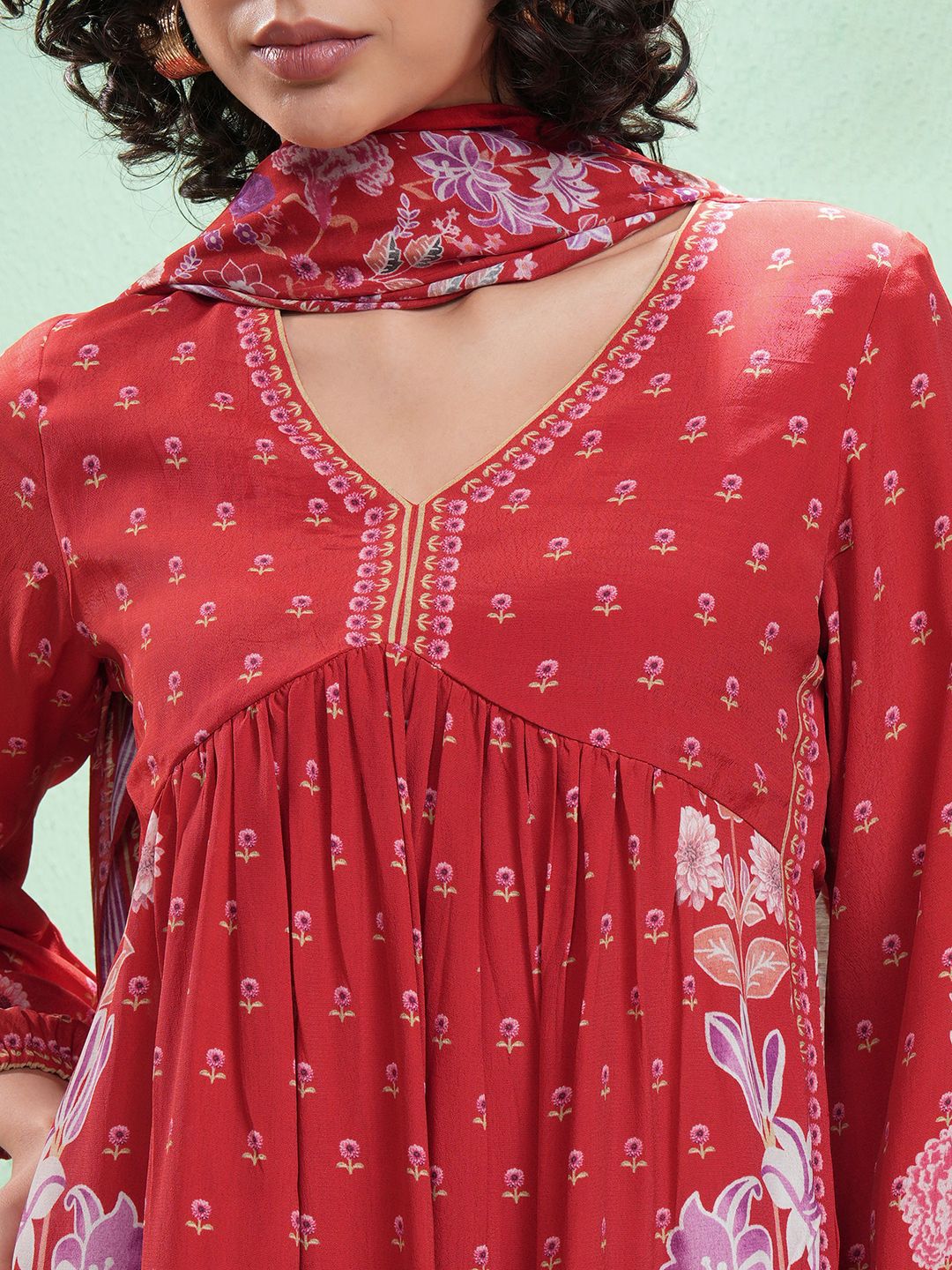Vishudh Floral Printed V-Neck Empire A-Line Kurta With Trouser And Dupatta
