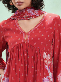 Vishudh Floral Printed V-Neck Empire A-Line Kurta With Trouser And Dupatta