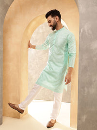Anouk Sea Green Geometric Embroidered Mandarin Collar Straight Kurta With Pyjamas