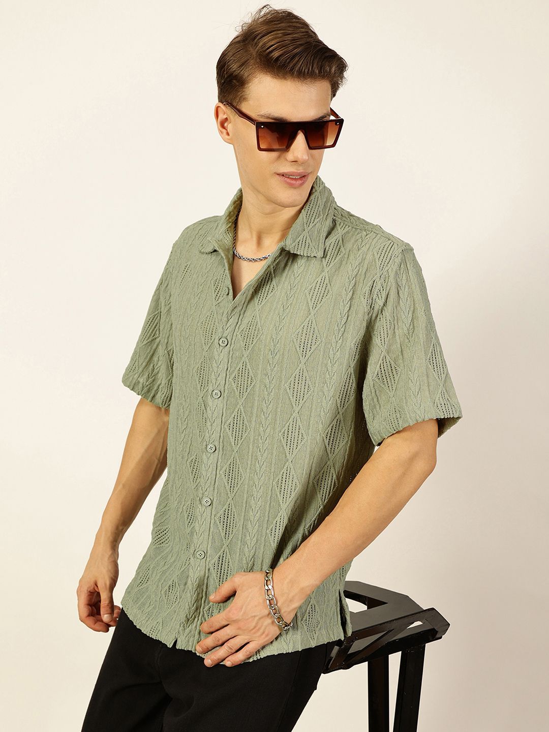 Thomas Scott Men Premium Spread Collar Textured Oversized Casual Shirt