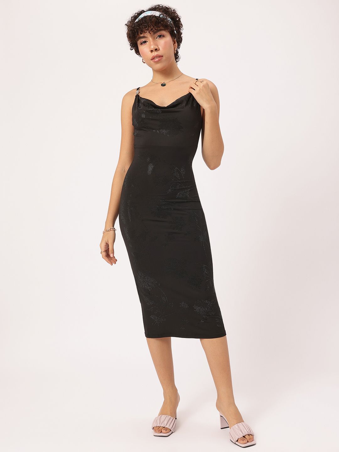 DressBerry Studded Siren Cowl Neck Midi Sheath Dress