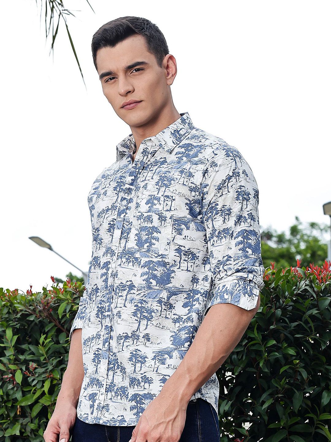 Thomas Scott Men Premium Floral Printed Spread Collar Cotton Casual Shirt