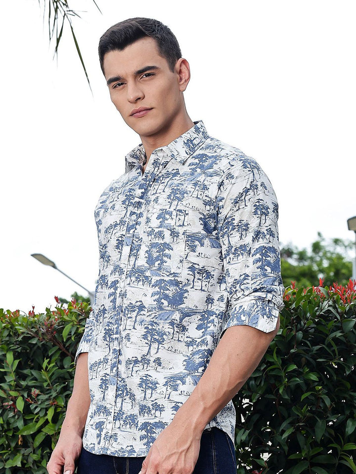 Thomas Scott Men Premium Floral Printed Spread Collar Cotton Casual Shirt