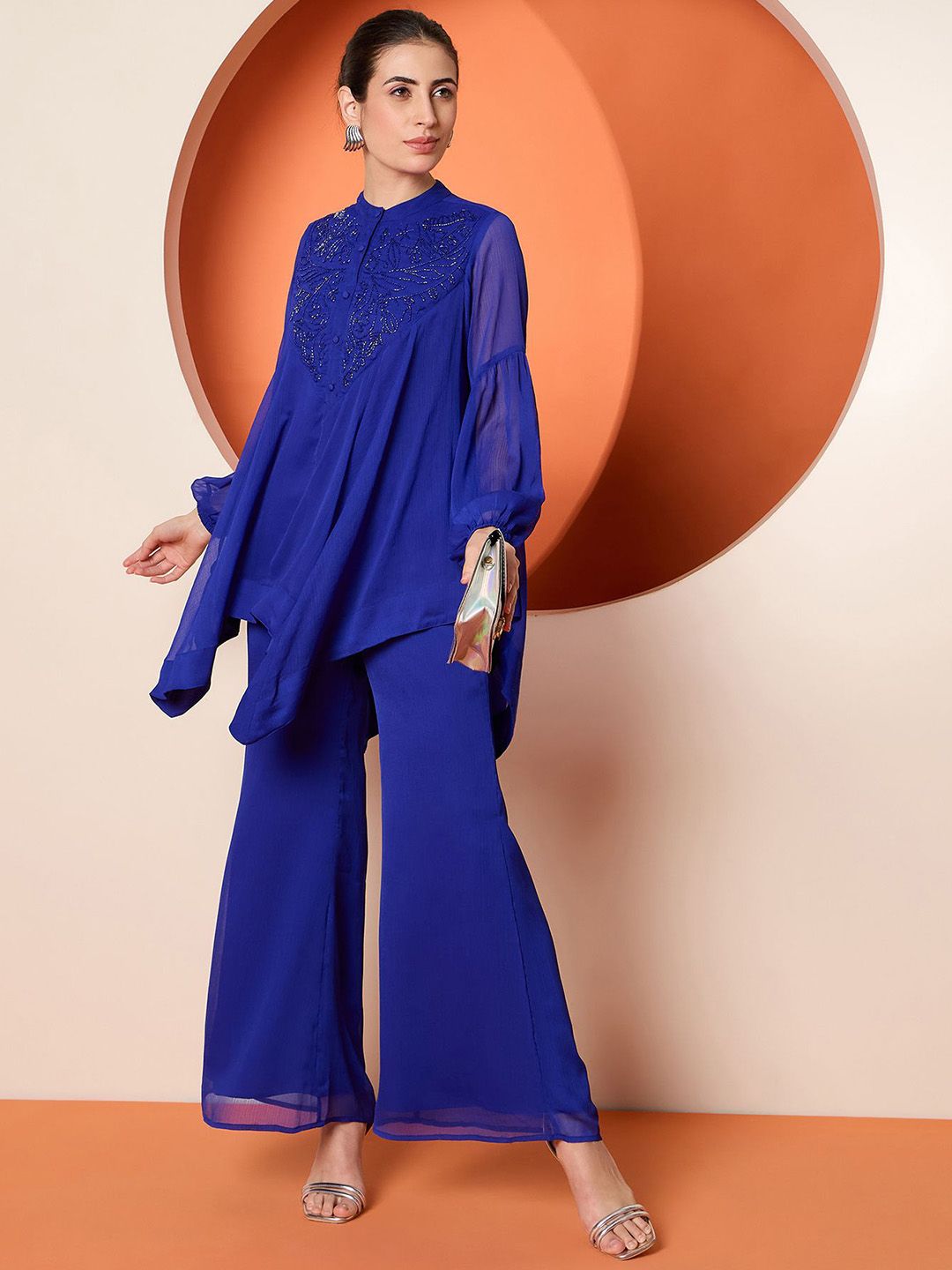 Antheaa Blue Embellished Band Collar Top With Palazzo