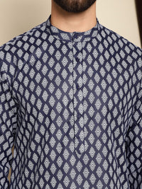 Kurta Kolar Jalur Bercetak Motif Etnik Biru Laut Anouk dengan Churidar