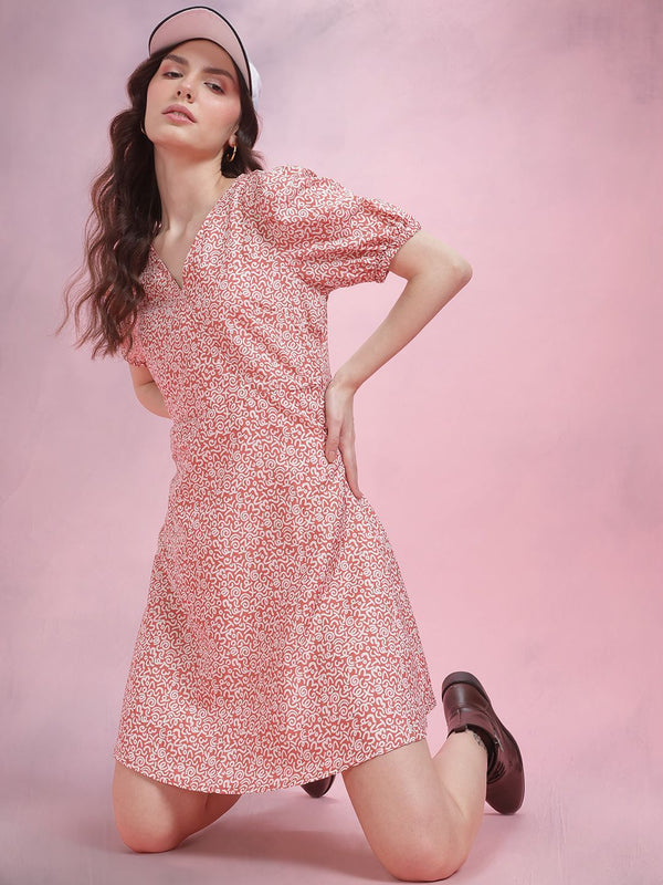 DressBerry Printed Puff Sleeve A-Line Dress