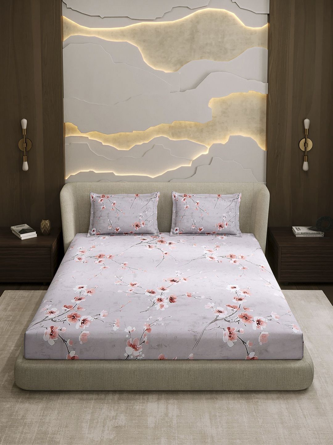 Monte Carlo Grey & Pink Printed Cotton 104 TC Queen Bedsheet Set 2.24 m x 2.54 m