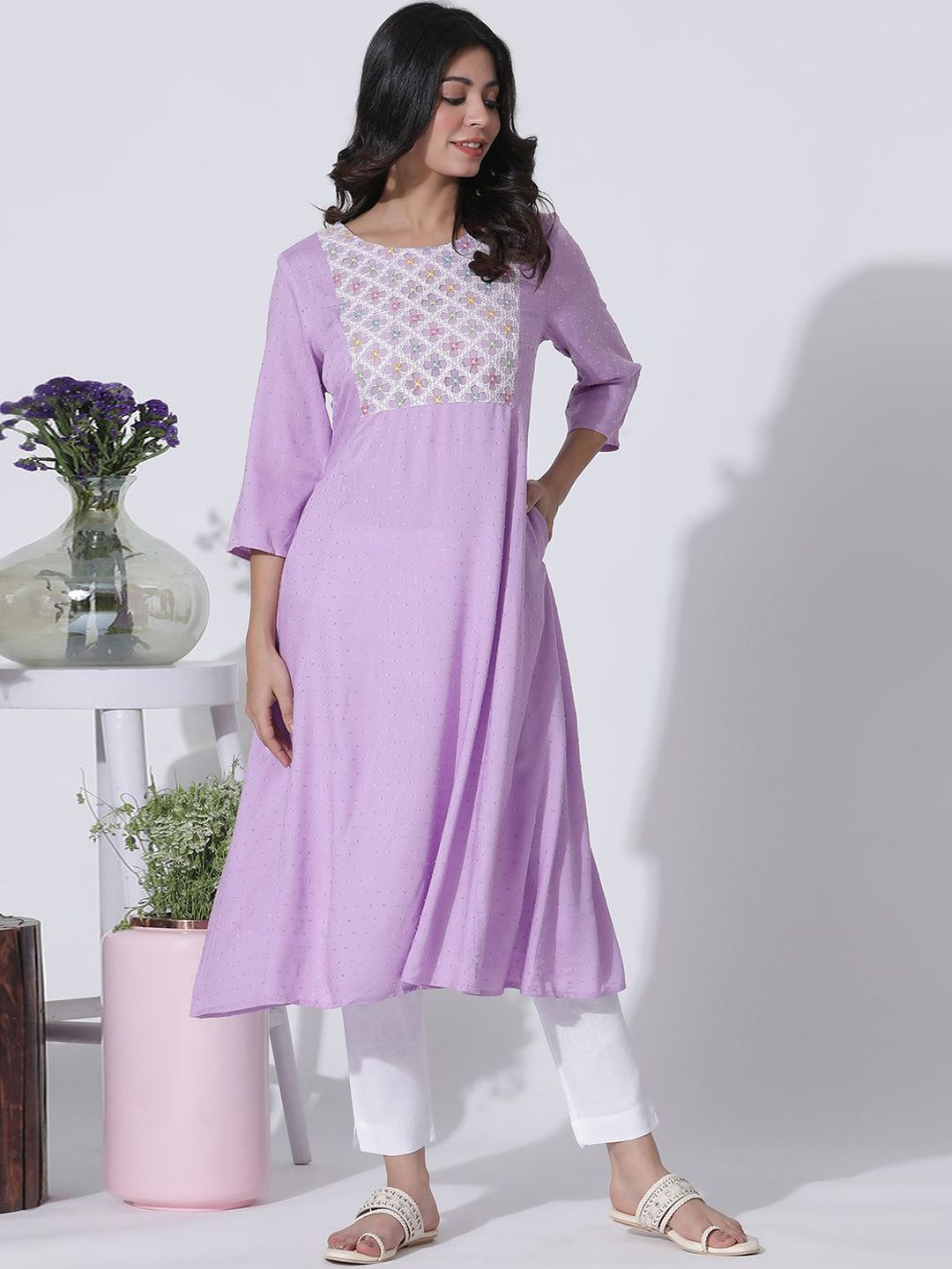W Women Flared Sleeves Mirror Work Anarkali Kurta