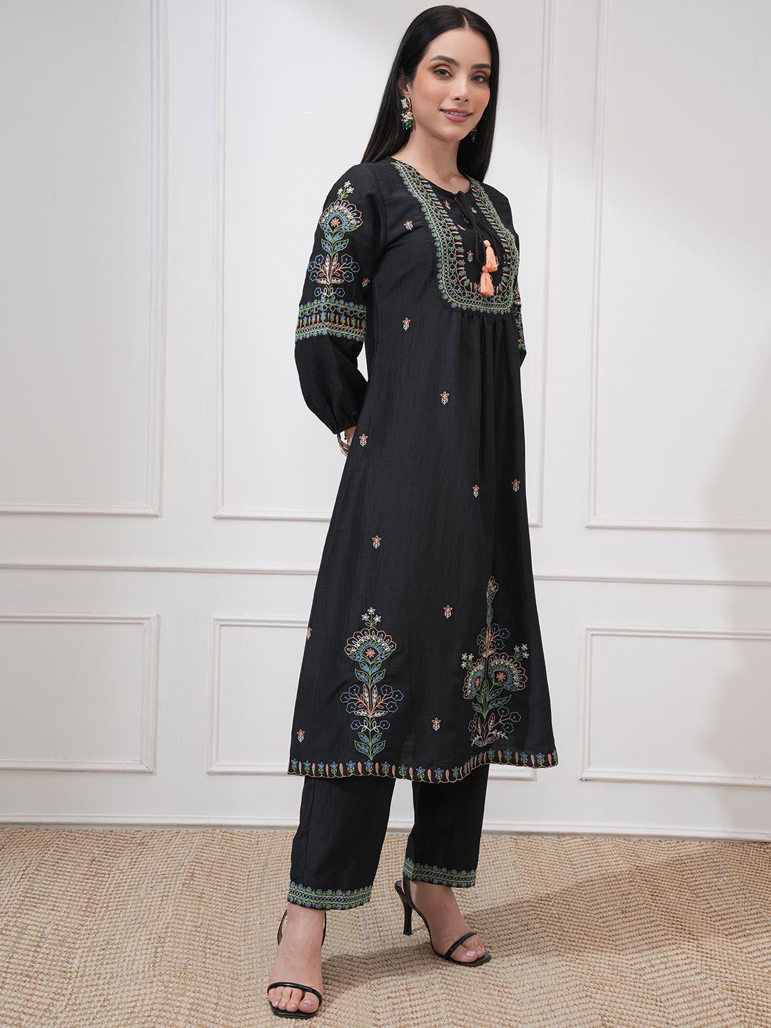 Vishudh Floral Embroidered Tie-Up Neck A-Line Kurta With Trousers & Dupatta