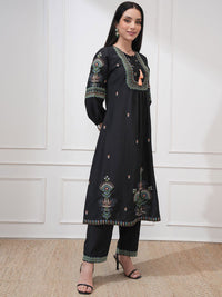 Vishudh Floral Embroidered Tie-Up Neck A-Line Kurta With Trousers & Dupatta