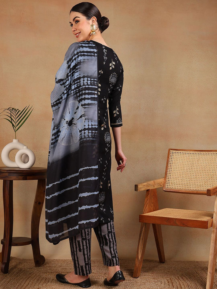 KALINI Floral Printed Regular Zari Straight Kurta with Trousers & Dupatta