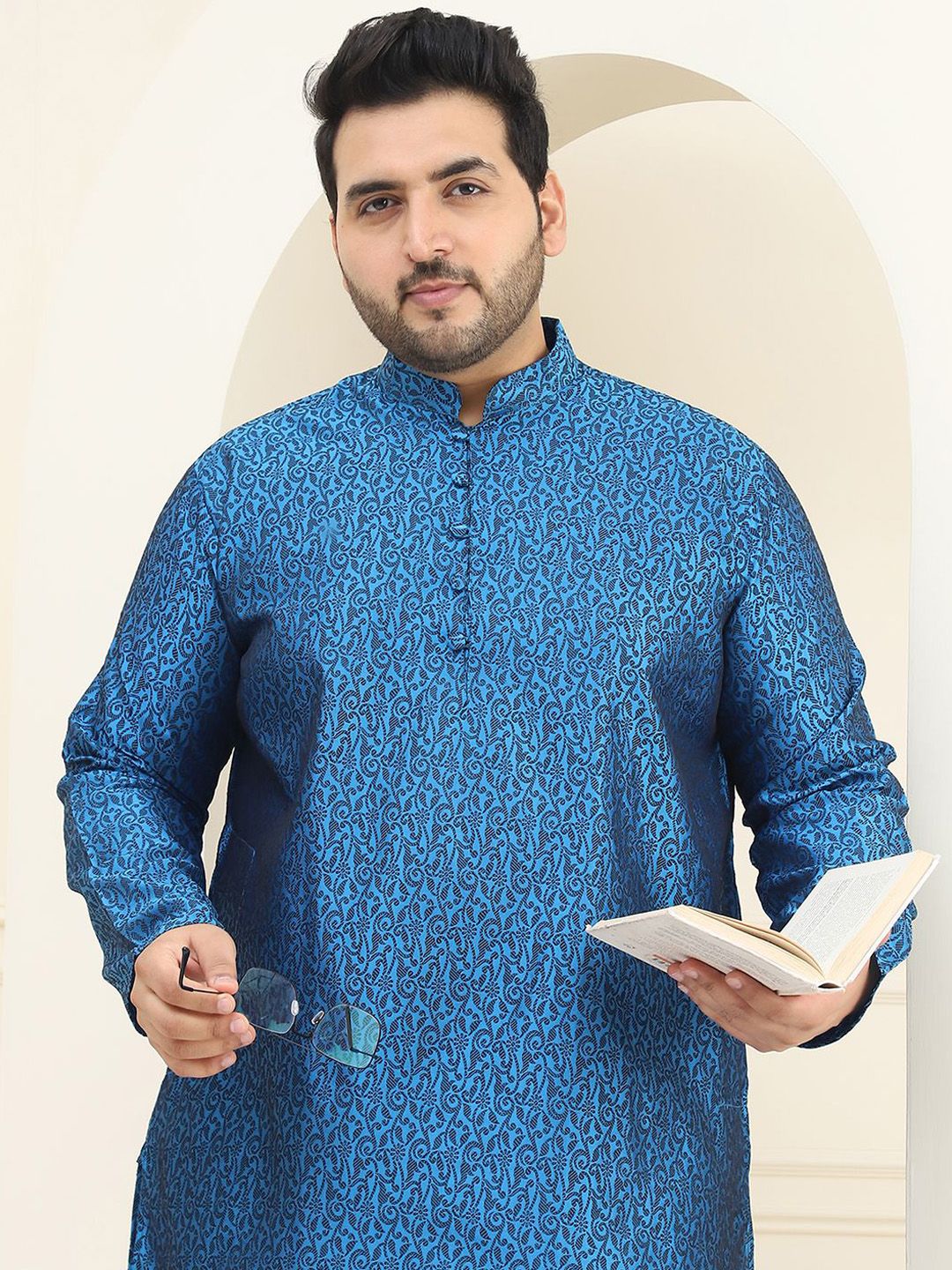 SOJANYA PLUS Rekaan Tenun Bunga Kurta Lurus Kolar Mandarin Dengan Pijama