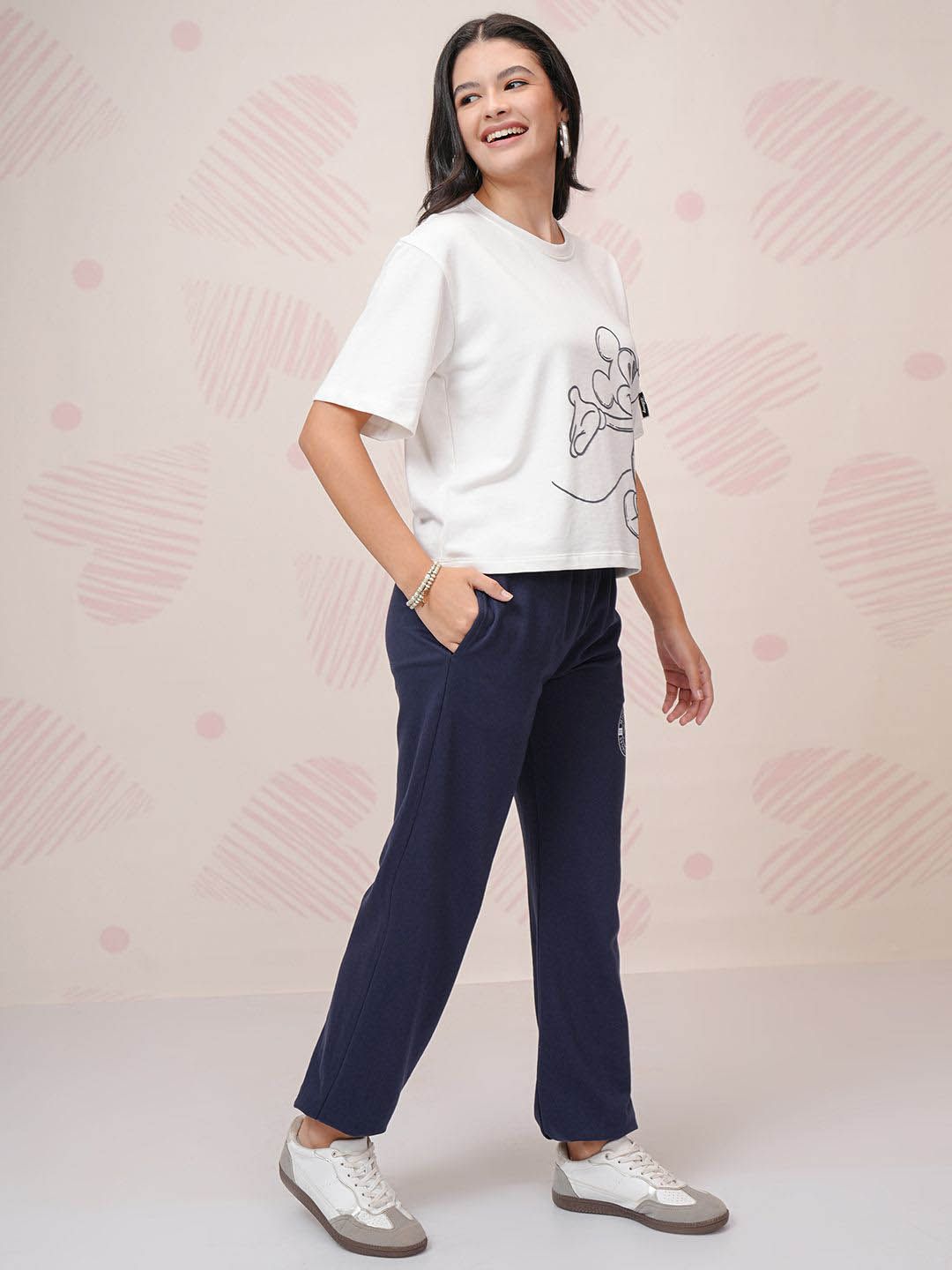 Tokyo Talkies White Disney Mickey Mouse Printed Round Neck T Shirt & Jogger