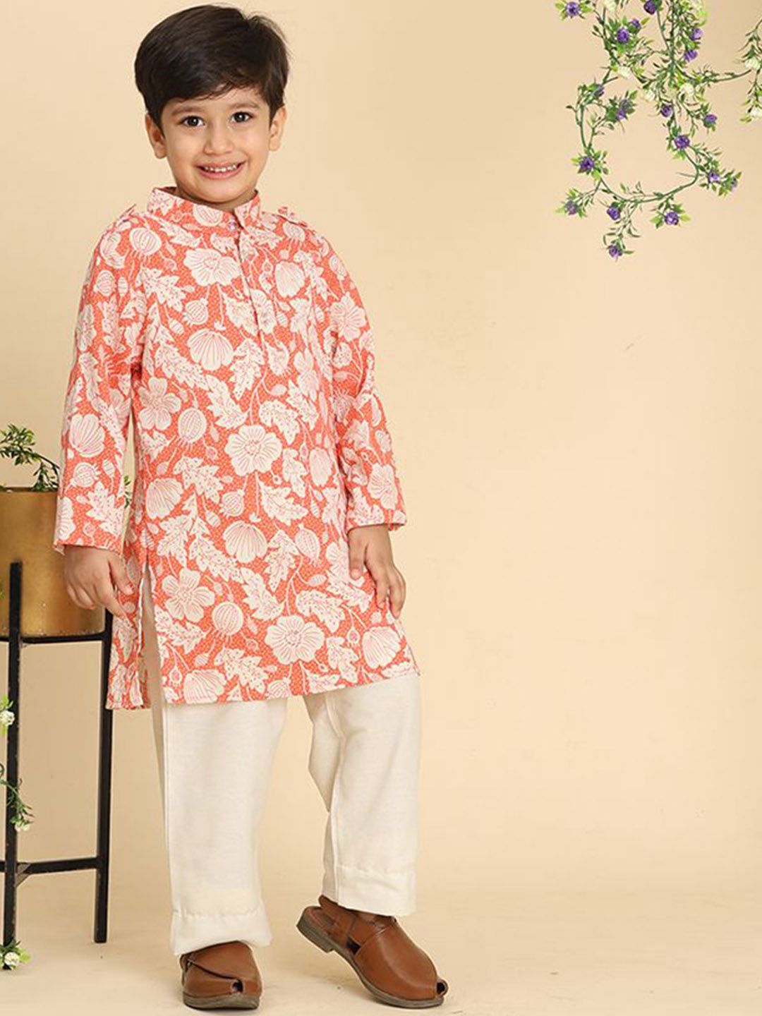 Cutiekins Boys Floral Printed Band Collar Straight Kurta With Trousers
