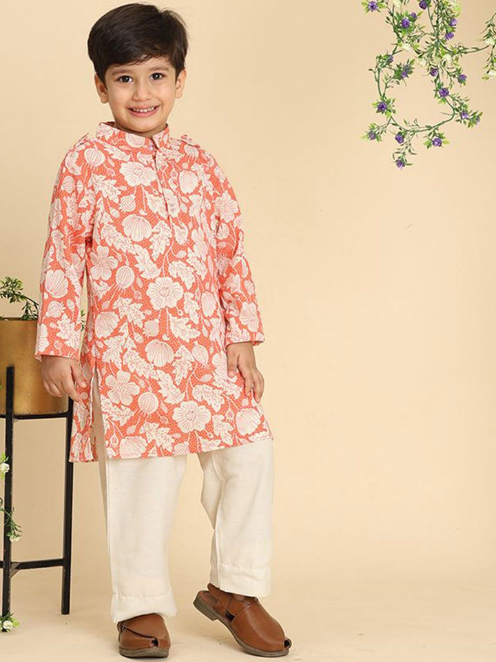 Cutiekins Boys Floral Printed Band Collar Straight Kurta With Trousers