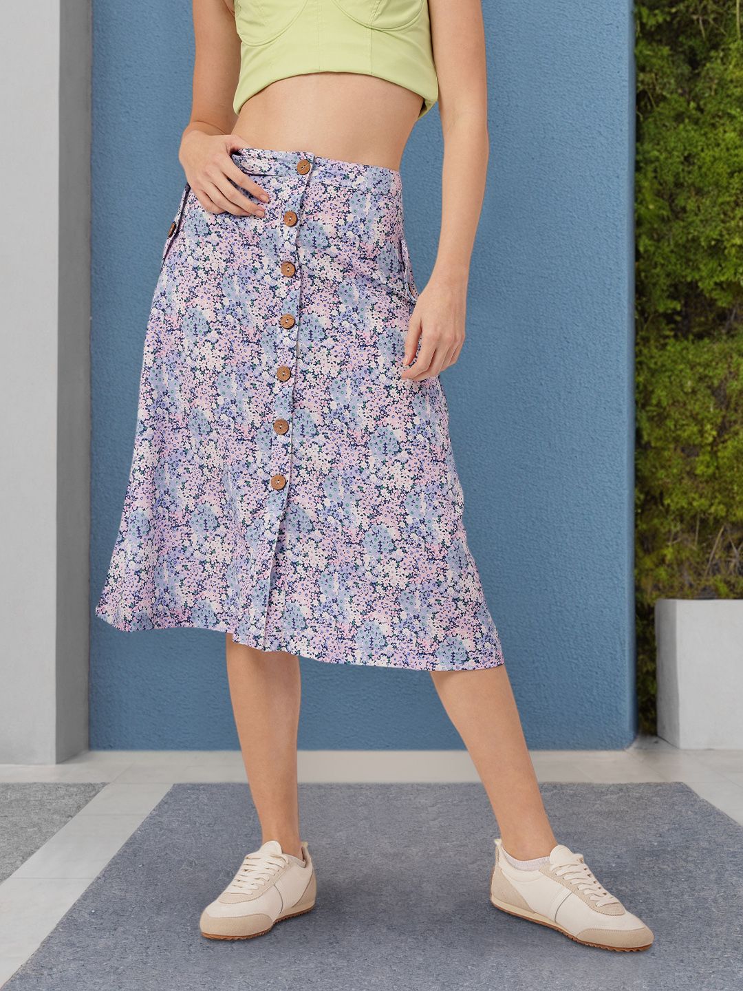 DressBerry Women Holiday Elegant Bloom Floral Print A-Line Midi Skirt
