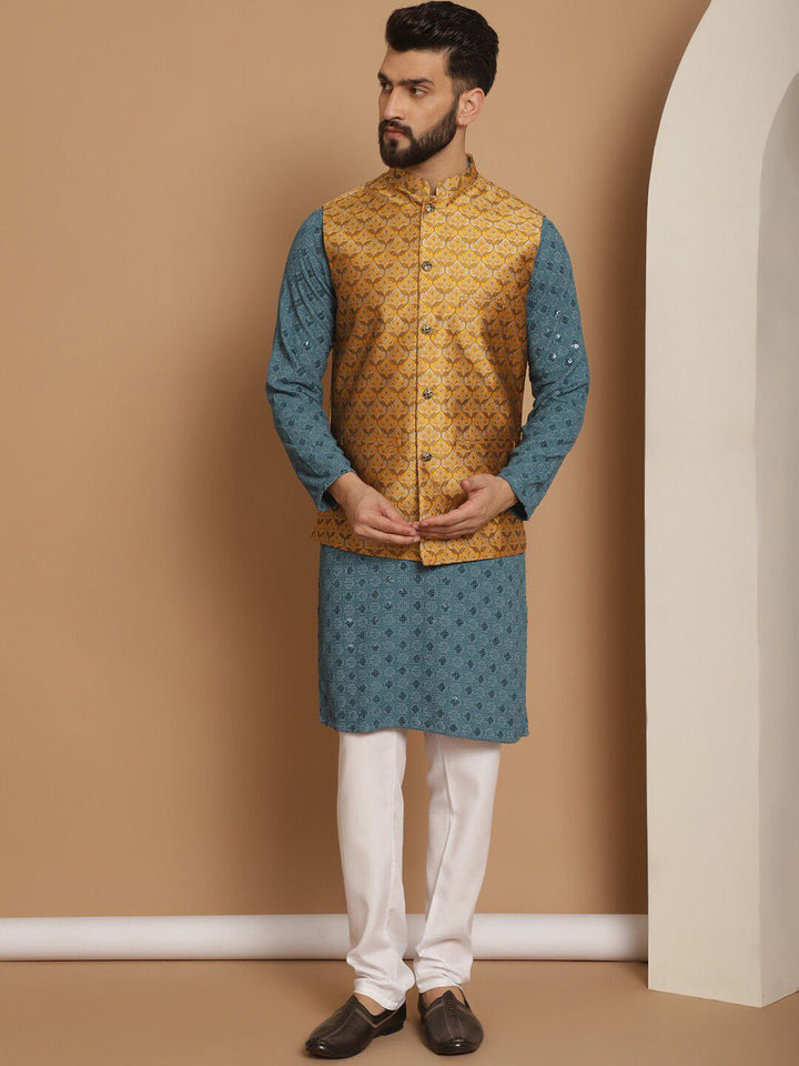 Anouk Sequinned Embroidered Regular Thread Work Kurta & Churidar With Nehru Jacket