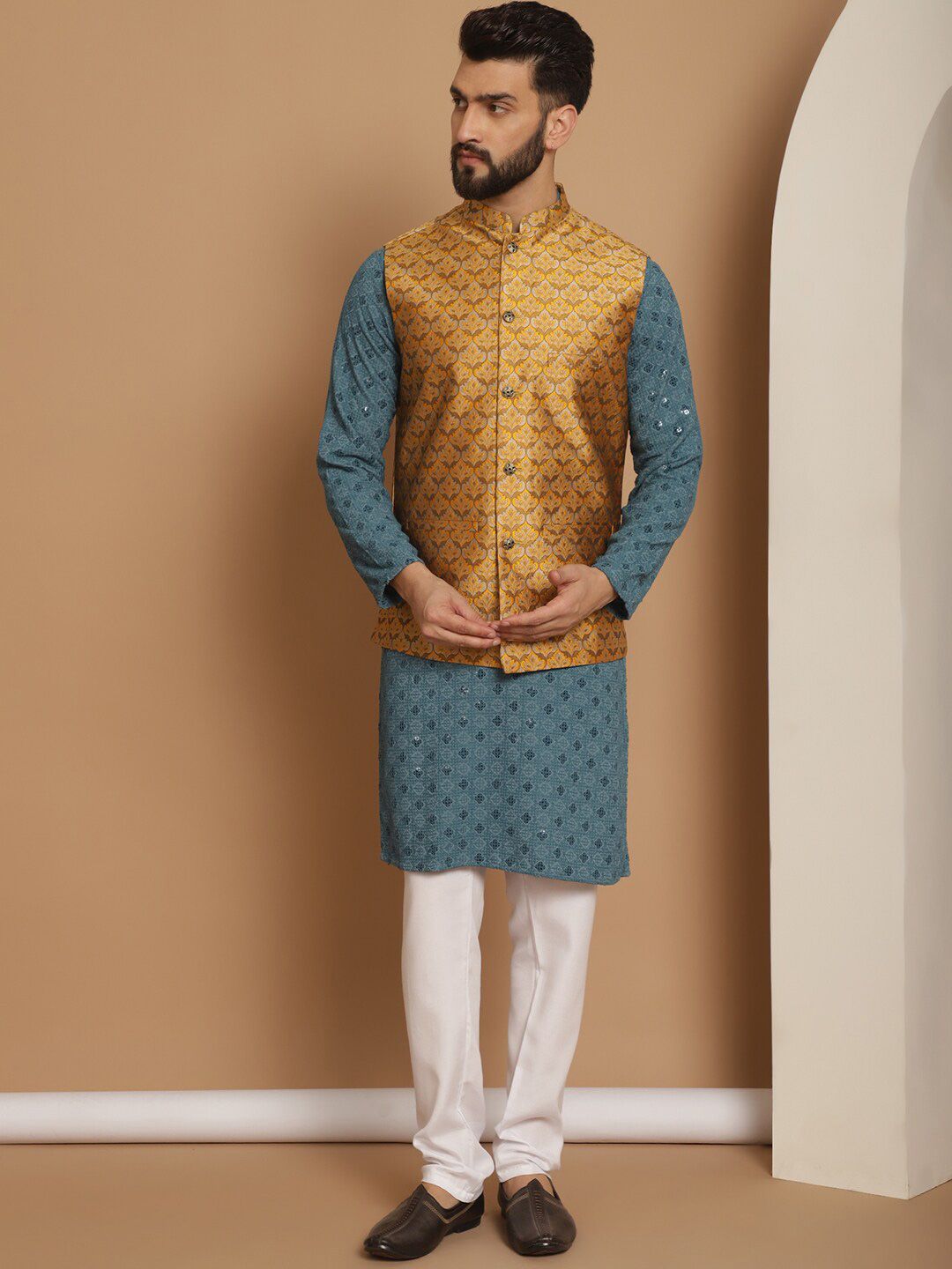 Anouk Sequinned Embroidered Regular Thread Work Kurta & Churidar With Nehru Jacket