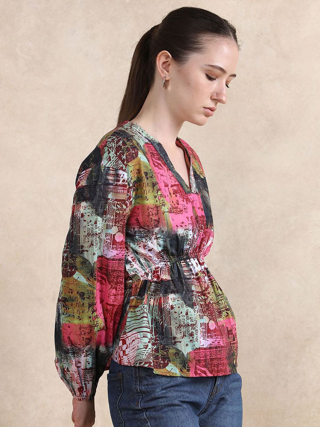 Rareism Women Abstract Abstract dicetak lengan lengan atas kapas