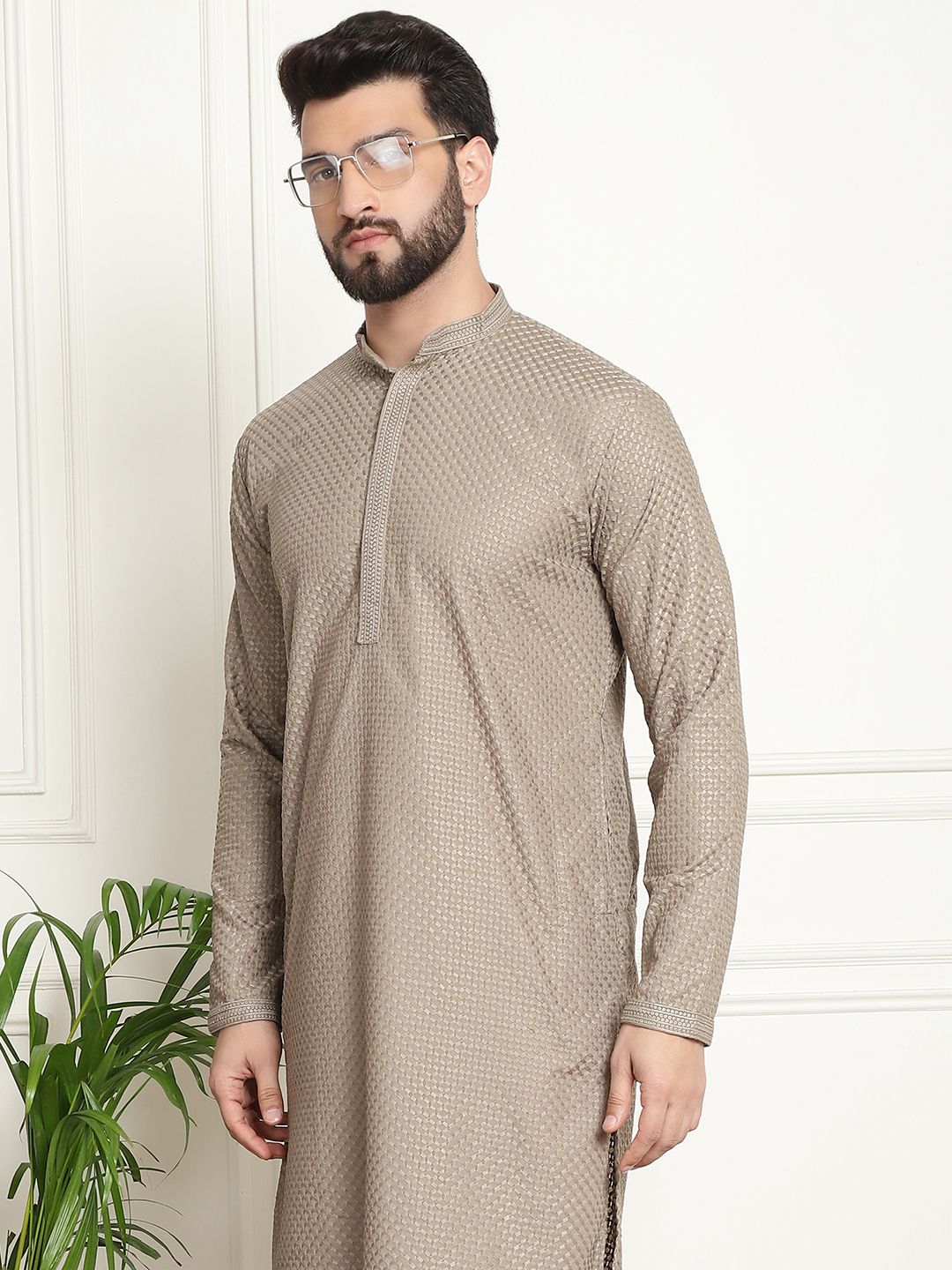 SOJANYA Motif Etnik Bersulam Kolar Mandarin Benang Kerja Kurta Lurus Kapas Tulen