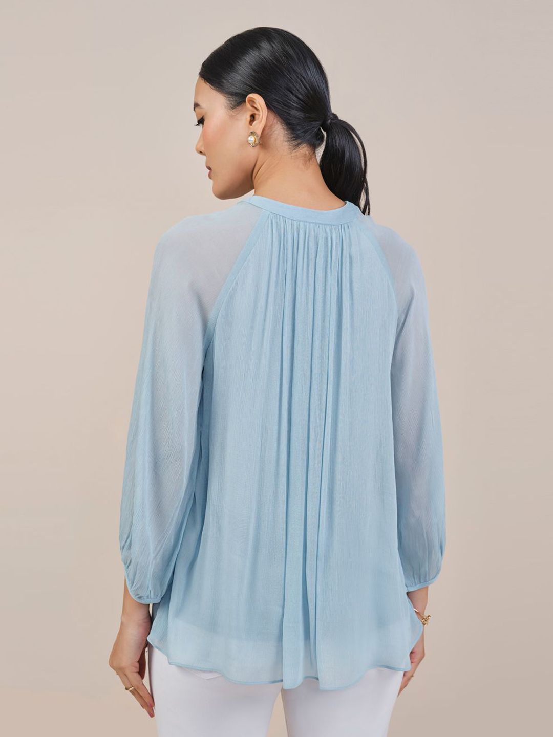 AND Women Solid Puff Sleeves Mandarin Collar Top