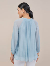 AND Women Solid Puff Sleeves Mandarin Collar Top