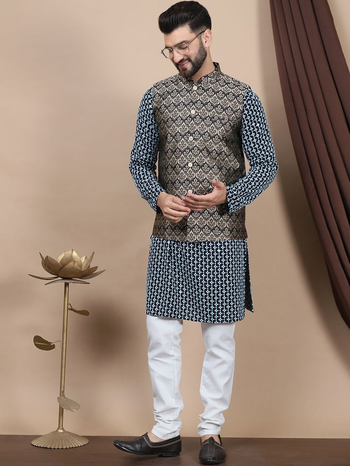 Anouk Geometric Embroidered Regular Cotton Straight Kurta With Churidar & Nehru Jacket