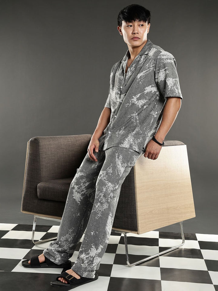 Eszett Grey Abstract Printed Jacquard Spread Collar Pure Cotton Shirt With Trouser Co-Ord Set