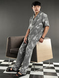 Eszett Grey Abstract Printed Jacquard Spread Collar Pure Cotton Shirt With Trouser Co-Ord Set