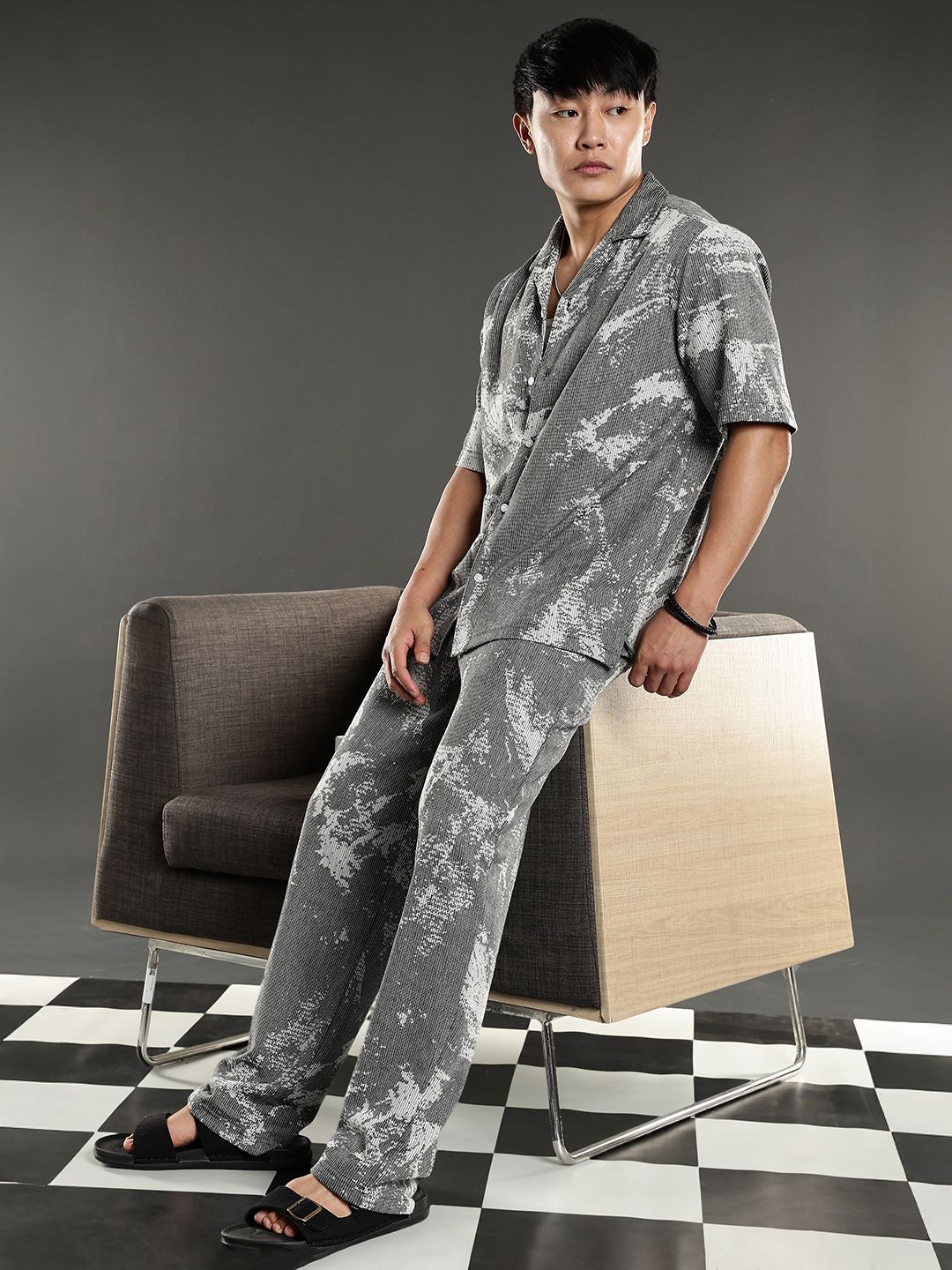 Eszett Grey Abstract Printed Jacquard Spread Collar Pure Cotton Shirt With Trouser Co-Ord Set