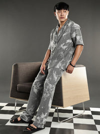 Eszett Grey Abstract Printed Jacquard Spread Collar Pure Cotton Shirt With Trouser Co-Ord Set