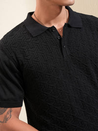HIGHLANDER Men Self Design Polo Collar Cotton Relaxed Fit T-shirt
