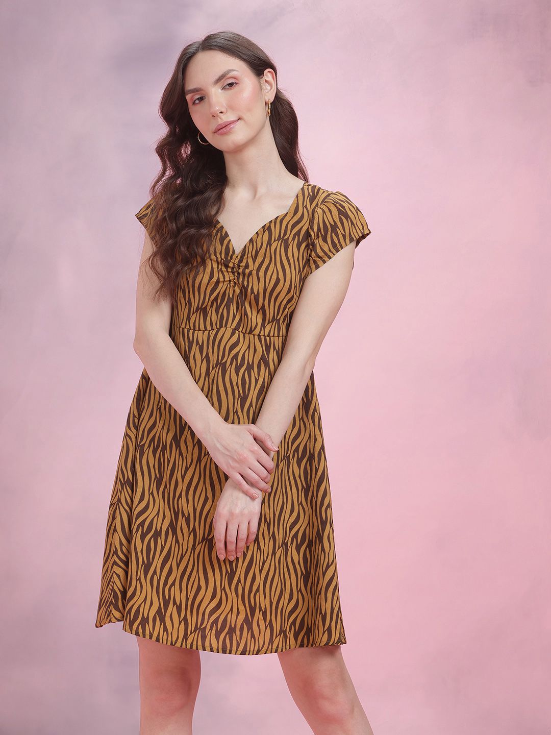 DressBerry Printed Ruched Detail A-Line Dress