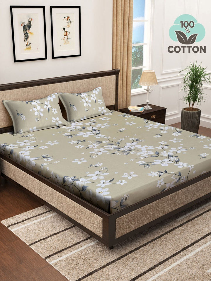 Myntra Elegant Homes Jaipur Beige Floral Cotton 400 TC King Superfine Bedsheet dengan 2 Sarung Bantal-250 x 225 cm