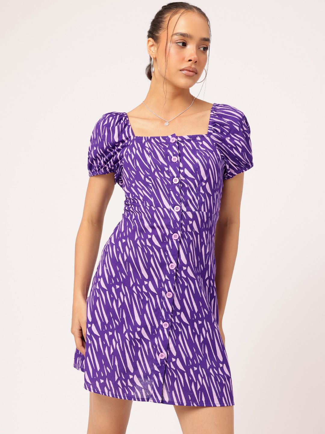 DressBerry Minimalist Magic Abstract Print Puff Sleeves Mini A-line Dress
