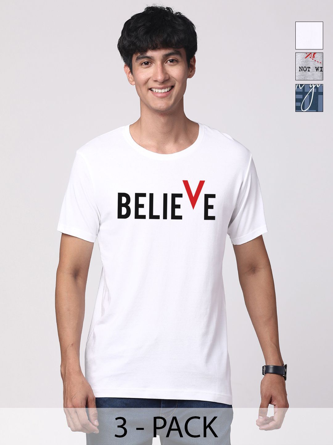 ADRO  Pack of 3 Printed Round Neck Cotton T-shirt