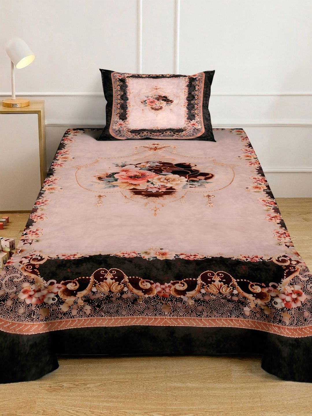 KLOTTHE Pink & Black Floral Dilengkapi 400 TC Single Cadar 7D dengan 1 Sarung Bantal