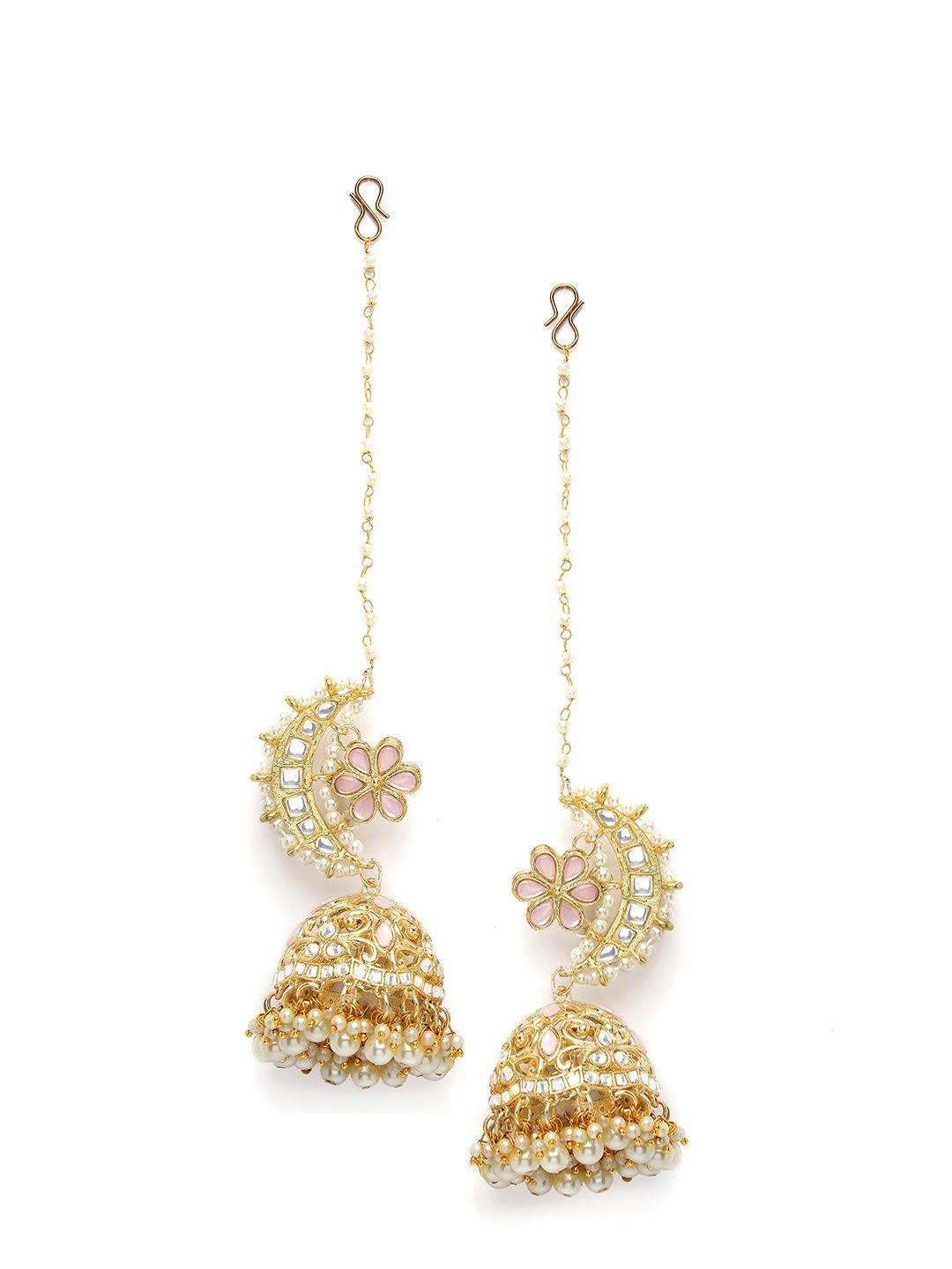KARATCART Gold Plated Kundan Studded & Beaded Dome Shaped Jhumkas