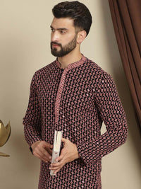 Anouk Coral Geometrik Sulam Mandarin Kolar Lengan Panjang Kurta Kapas Labuci