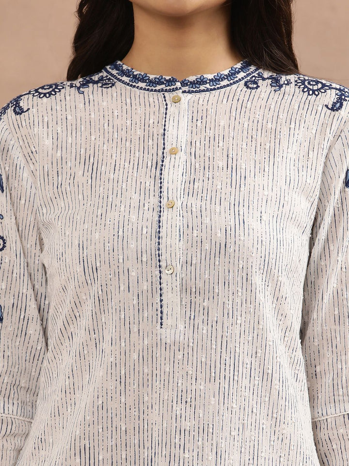 W Striped Mandarin Collar Thread Work Cotton Straight Kurta