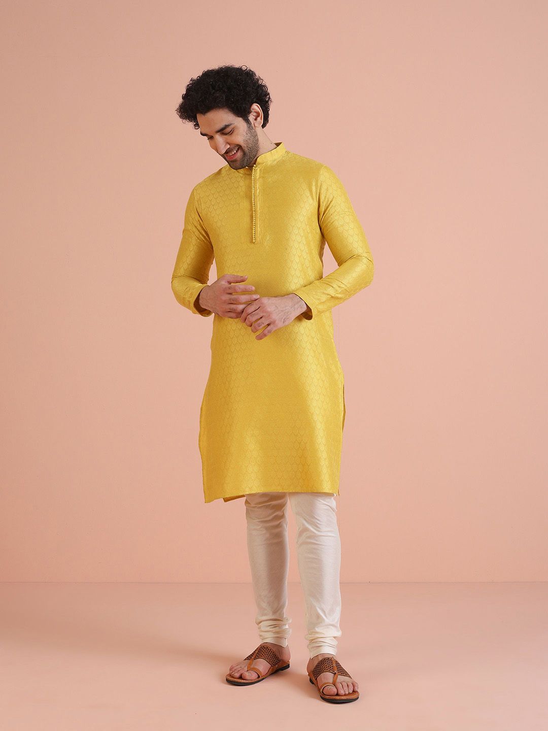 KISAH Woven Design Thread Work Mandarin Collar Straight Kurta