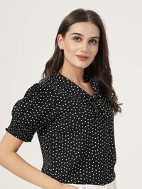 Gaya Polka Dot Polka Dot Tie-Up Leher Lengan Puff Top