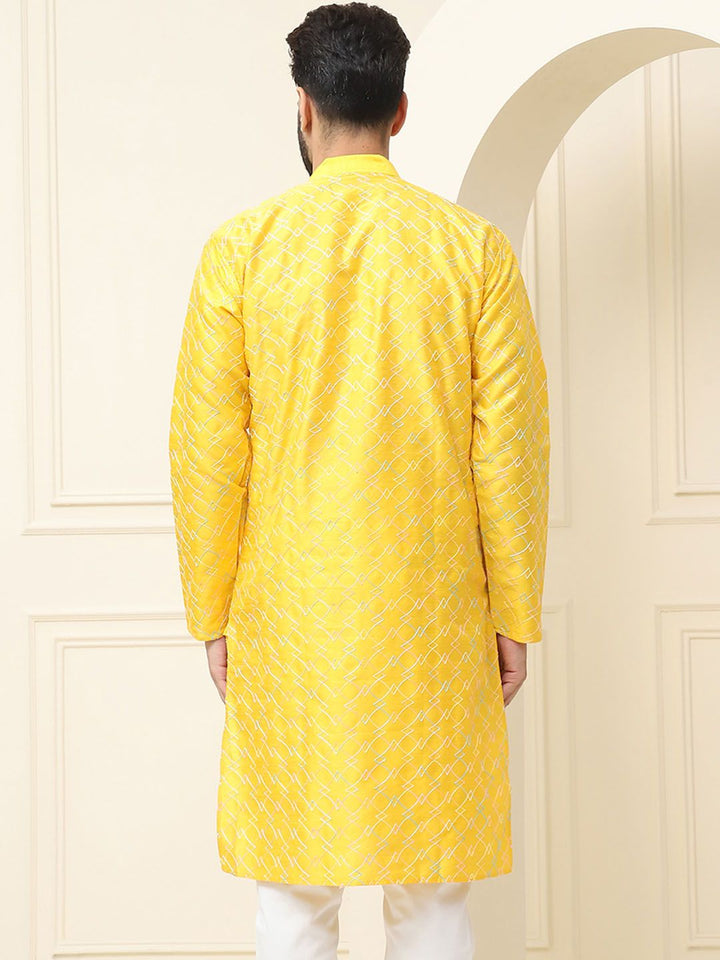 SOJANYA Geometric Embroidered Band Collar Long Sleeves Silk Straight Kurta