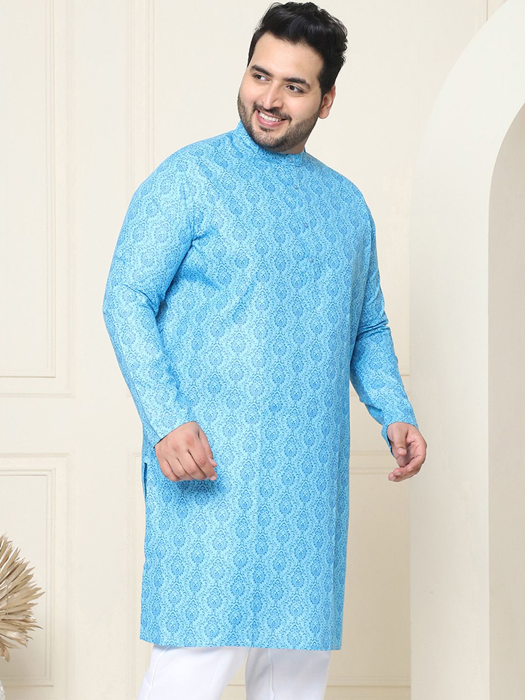 SOJANYA Plus Motif Etnik Printed Mandarin Collar Lengan Panjang Cotton Linen Kurta Lurus