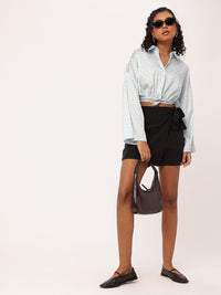 DressBerry Playful Tie-Ups Satiny Glam Blouson Shirt Style Crop Top