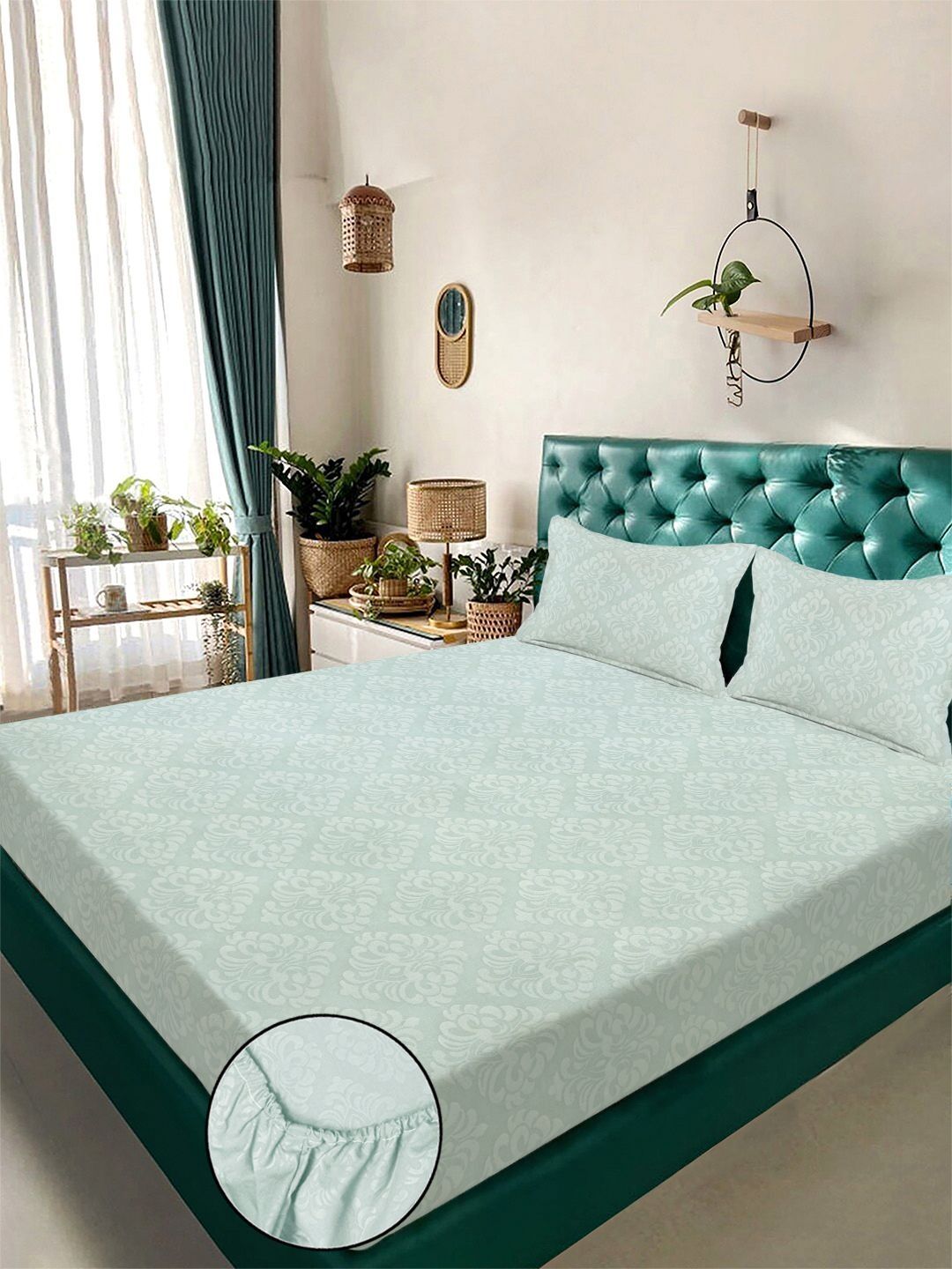KLOTTHE Green Embossed Fitted 300 TC King Bedsheet With 2 Pillow Cover- 2.5 m x 2.25 m