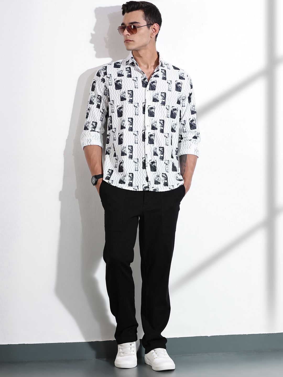 Thomas Scott Men Classic Slim Fit Spread Collar Abstract Printed Casual Shirt