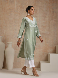 House of Chikankari Women Green Chanderi Chikankari Embroidered Kurta